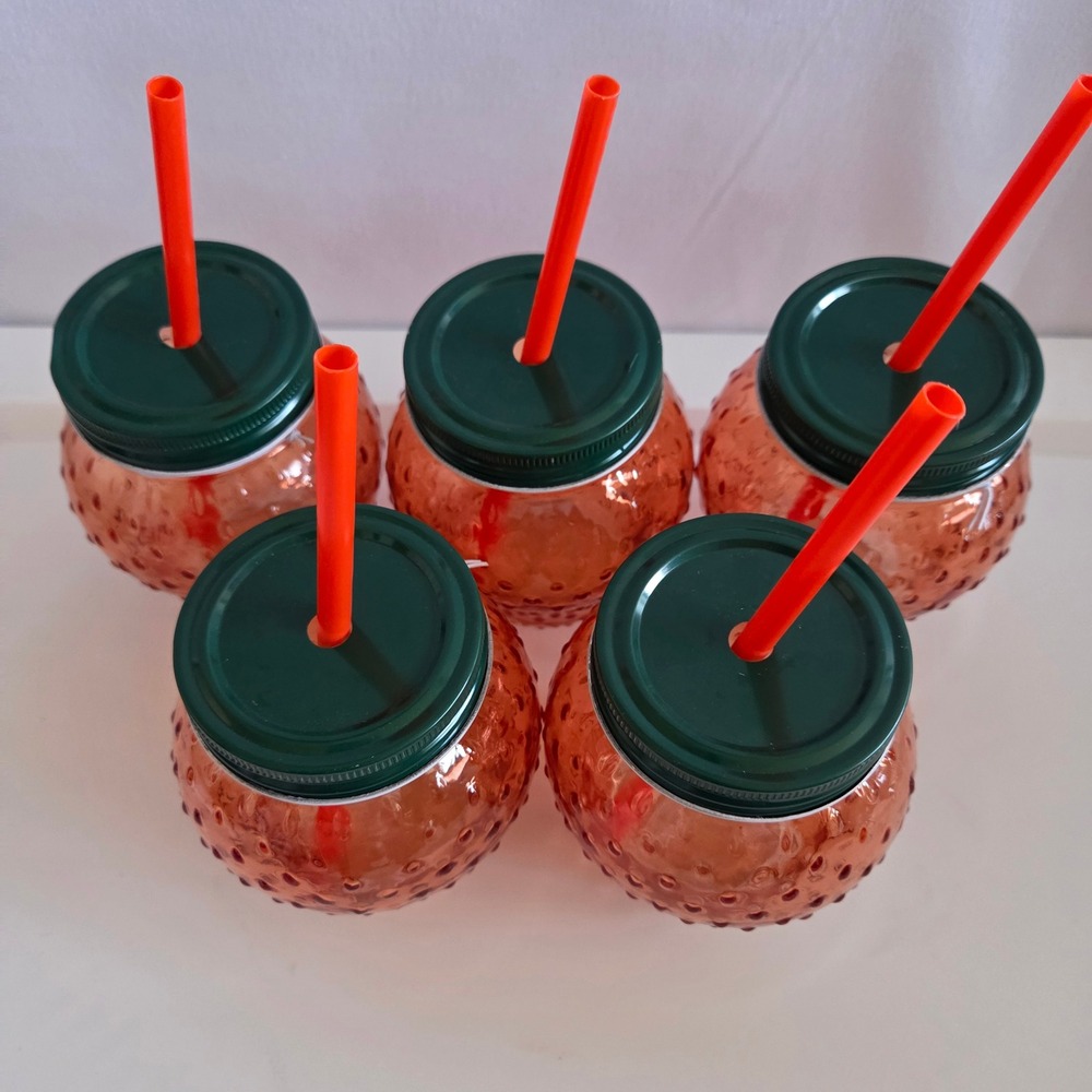Set of 5 Red Strawberry Glass Mason Jar Sippers w/ Lids & Straws - 17oz - Picture 2 of 4